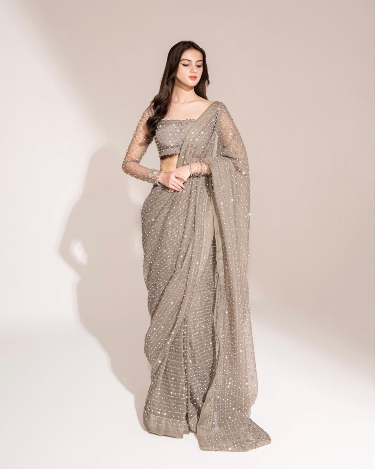 Fashionable Siroski Dimond work Grey Color Saree