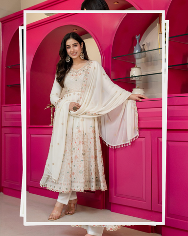 Elegant White Embroidered Work Anarkali Suit