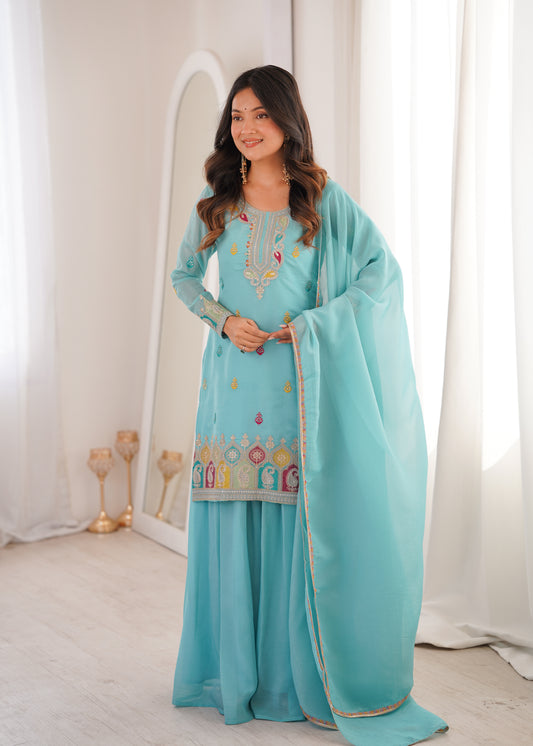 Classic Skyblue Silk Embroidered Sharara Suit