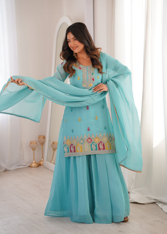 Classic Skyblue Silk Embroidered Sharara Suit