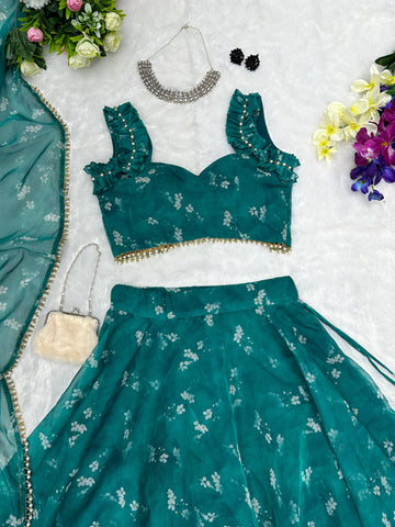 Organza Silk Digital Printed Green Color Trendy Lehenga Choli