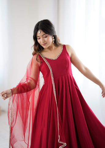 Ravishing Maroon Romansilk Anarkali Work Gown