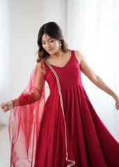 Ravishing Maroon Romansilk Anarkali Work Gown