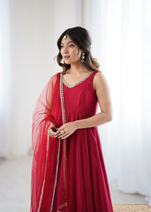 Ravishing Maroon Romansilk Anarkali Work Gown