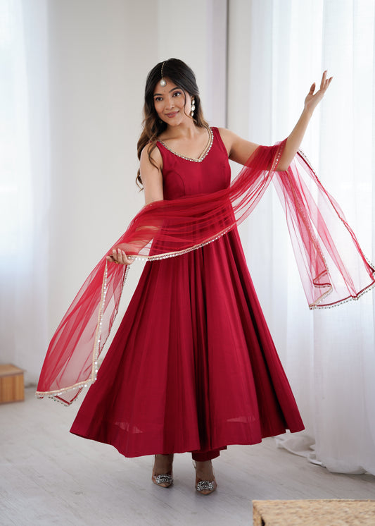 Ravishing Maroon Romansilk Anarkali Work Gown