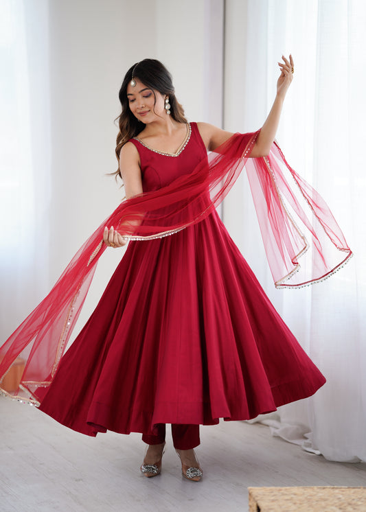 Ravishing Maroon Romansilk Anarkali Work Gown