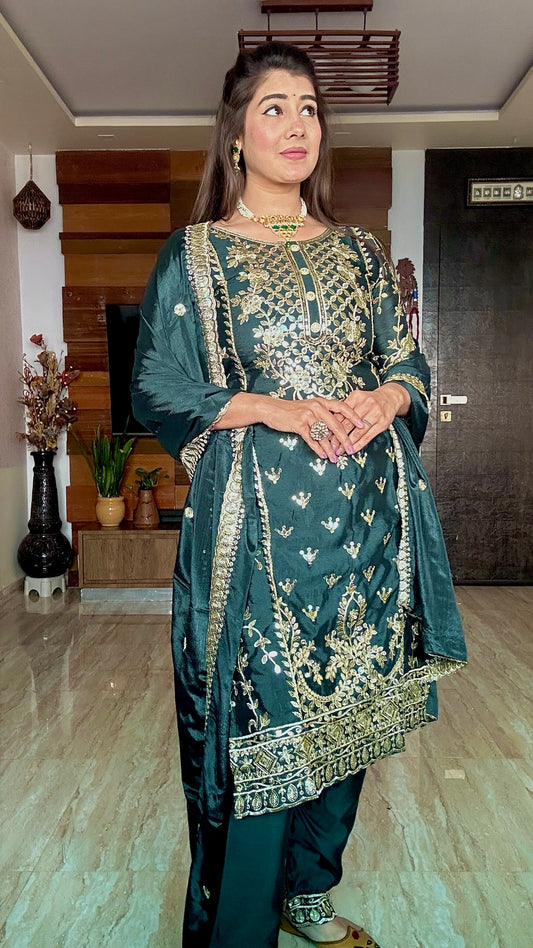 Fabulous Cinon Silk Embroidery Work Green Color Salwar Suit