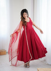 Ravishing Maroon Romansilk Anarkali Work Gown