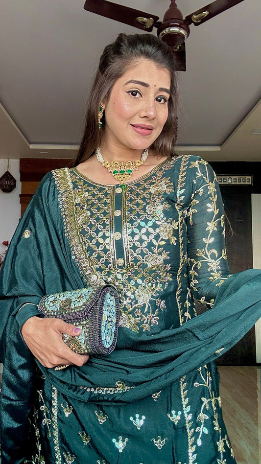 Fabulous Cinon Silk Embroidery Work Green Color Salwar Suit