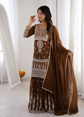 Stylish Brown Color Embroidery Dori Work Sharara Suit