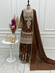 Stylish Brown Color Embroidery Dori Work Sharara Suit