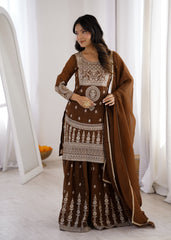 Stylish Brown Color Embroidery Dori Work Sharara Suit