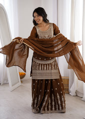 Stylish Brown Color Embroidery Dori Work Sharara Suit
