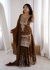 Stylish Brown Color Embroidery Dori Work Sharara Suit