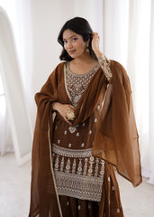 Stylish Brown Color Embroidery Dori Work Sharara Suit