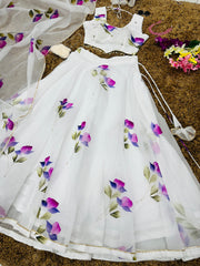 Glorious White Color Digital Print Organza Lehenga Choli