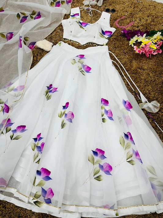 Glorious White Color Digital Print Organza Lehenga Choli