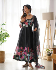 Multi Flower Print Black Color Anarkali Suit