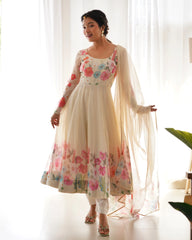 Multi Flower Print Cream Color Anarkali Suit