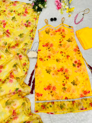Fabulous Jimmy Organza Floral Printed Yellow Color Anarkali Suit