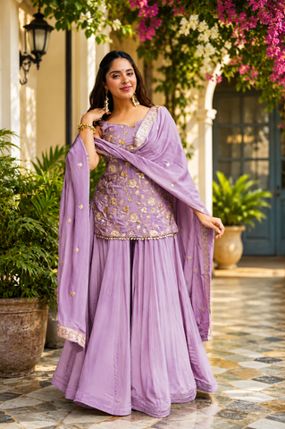 Lavender Color Sequin Work Stylish Sharara Suit Set