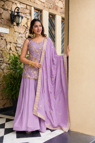 Lavender Color Sequin Work Stylish Sharara Suit Set