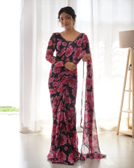 Ready To Wear Black Color Rose Print Saree