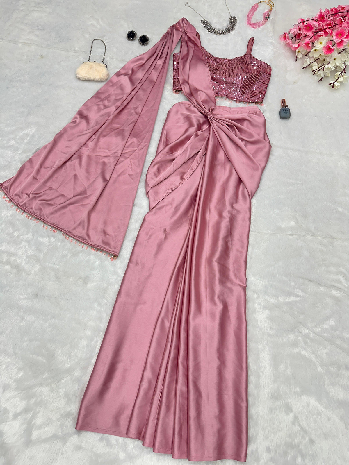 Reception Wear Ready To Wear Western Pink Color Saree