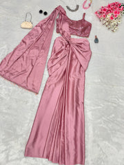 Reception Wear Ready To Wear Western Pink Color Saree