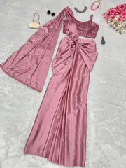 Reception Wear Ready To Wear Western Pink Color Saree