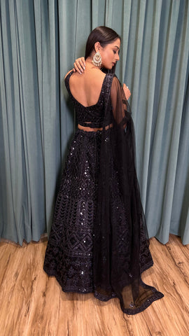Outstanding  Black color Dori & sequins work Net lehenga Choli