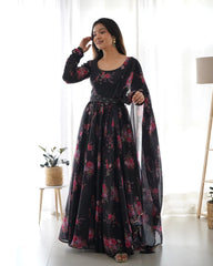 Organza Silk Wine Color Gown With Dupatta