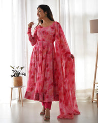 Pink Color Organza Silk Printed Anarkali Suit