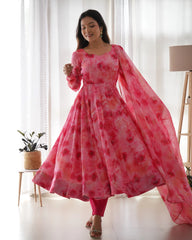 Pink Color Organza Silk Printed Anarkali Suit