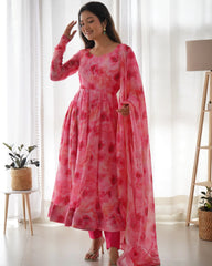 Pink Color Organza Silk Printed Anarkali Suit