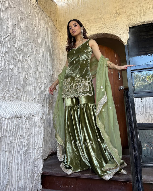 Delightful Sequence Work Green Color Sharara Suit