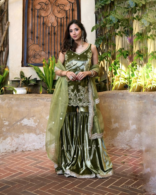 Delightful Sequence Work Green Color Sharara Suit