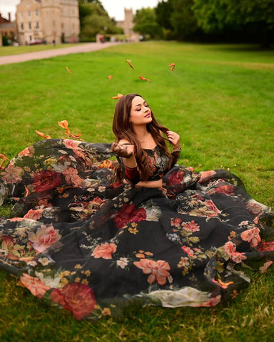 Organza Black Color Multi Flower Print Lehenga Choli