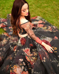 Organza Black Color Multi Flower Print Lehenga Choli