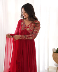 Stunning Nayra Cut Red Color Kurta Set