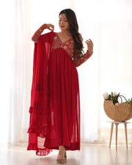 Stunning Nayra Cut Red Color Kurta Set