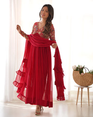 Stunning Nayra Cut Red Color Kurta Set