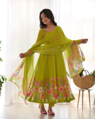 Multi Flower Print Parrot Green Color Anarkali Suit