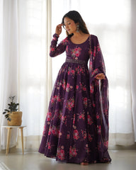 Organza Silk Wine Color Gown With Dupatta