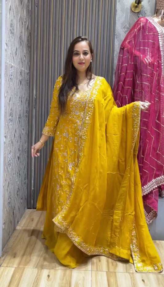 Unique Embroidery sequence Work Yellow Color Sharara Suit