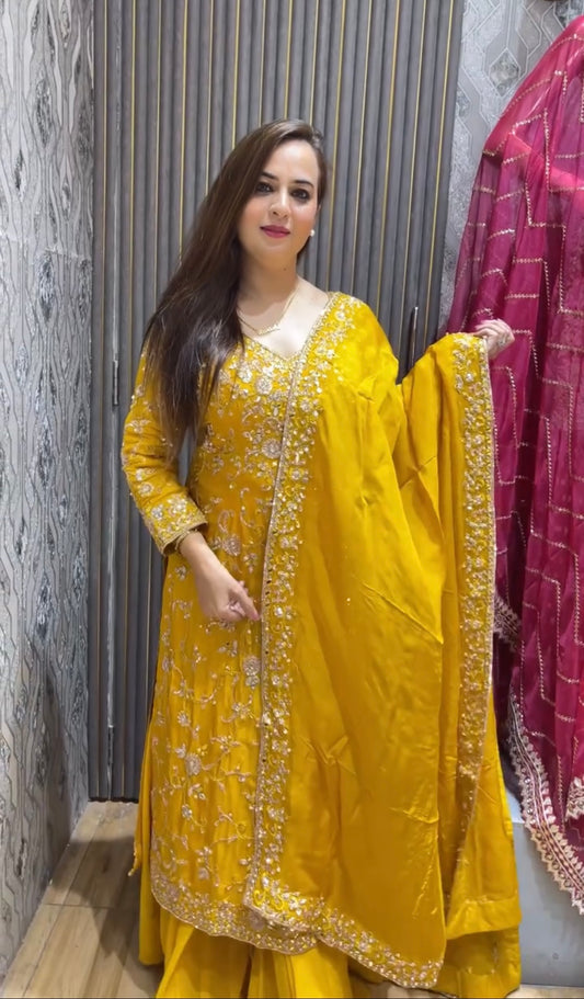Unique Embroidery sequence Work Yellow Color Sharara Suit