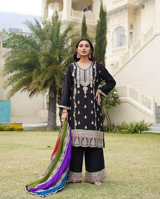 Occasion Wear Embroidery Sequence Work Black Color Sharara Suit