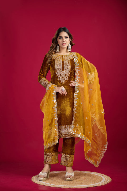 Function Wear Velvet Mustard Color Salwar Suit With Duptta