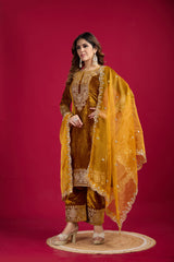 Function Wear Velvet Mustard Color Salwar Suit With Duptta