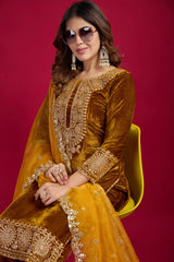 Function Wear Velvet Mustard Color Salwar Suit With Duptta